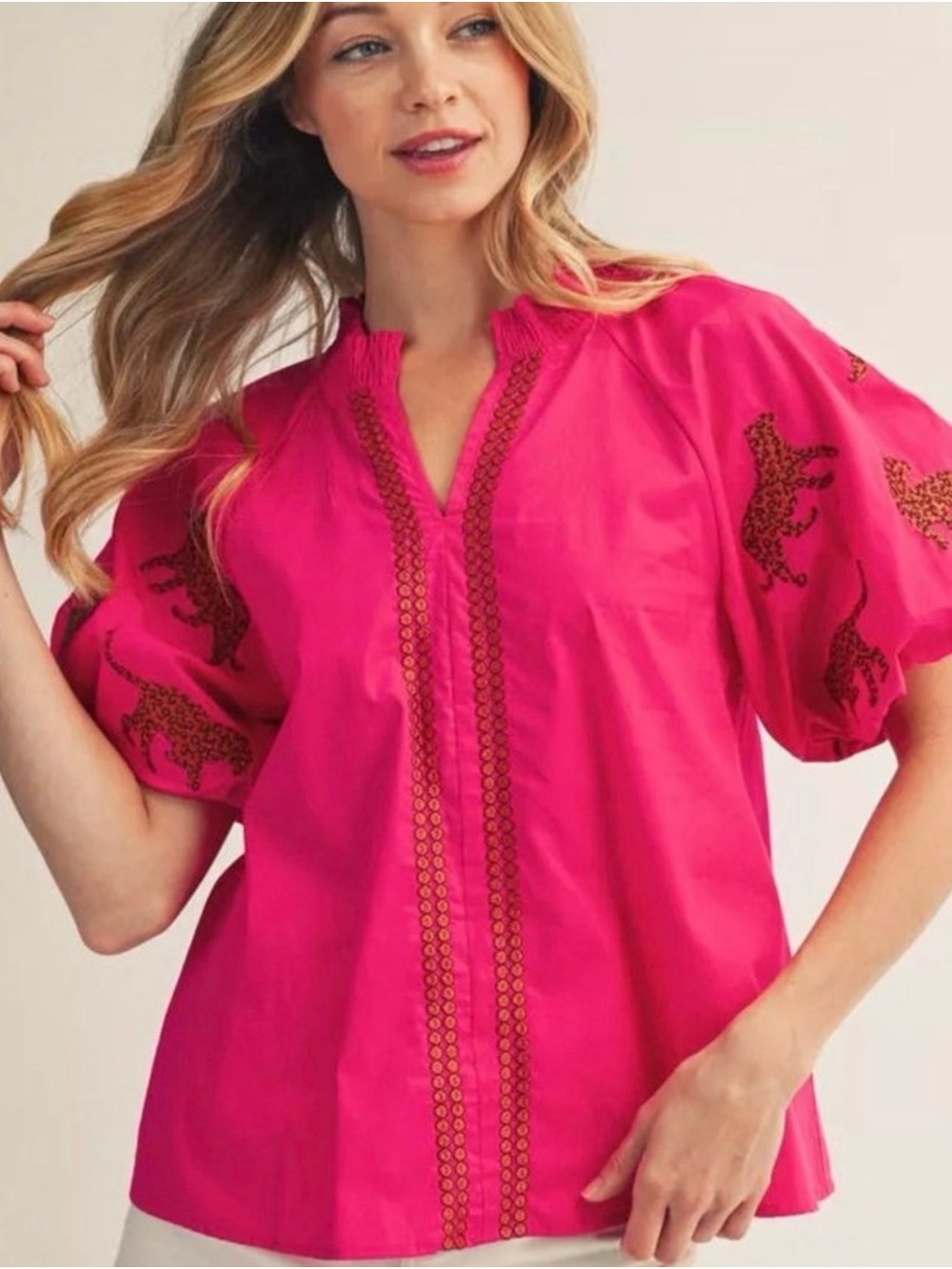 JODIFLWomen's Pink Embroidered Puff-Sleeve Blouse - Picture 7 of 7